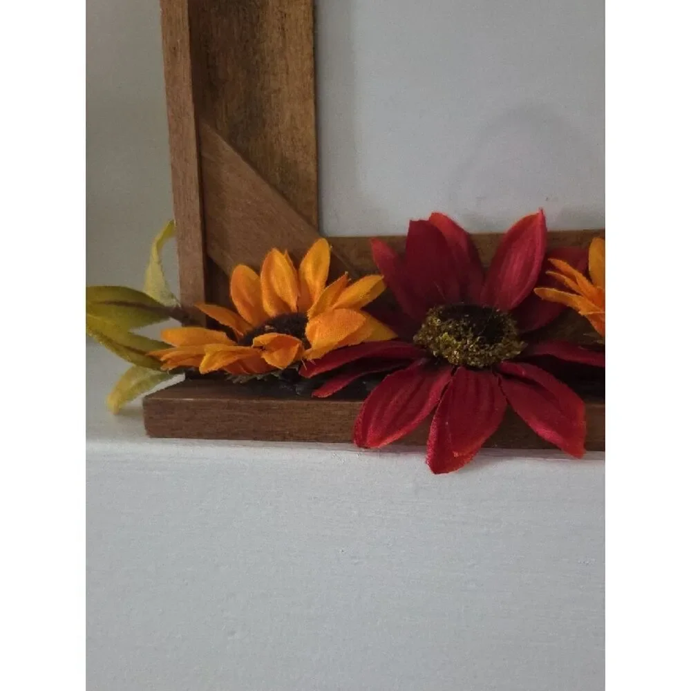 Rustic Wooden Photo Frame with Red & Orange Sunflowers -